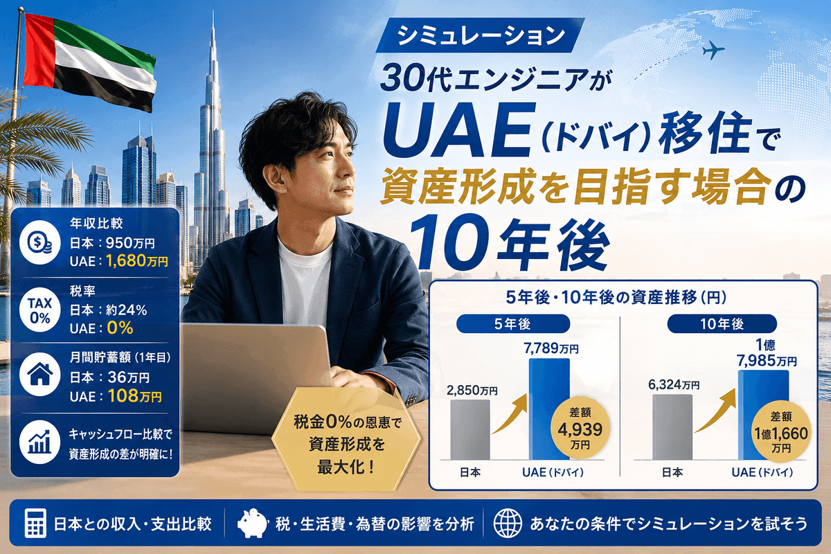 Simulation: 10 Years Later for a 30s Engineer Aiming for Asset Formation by Moving to UAE (Dubai)
